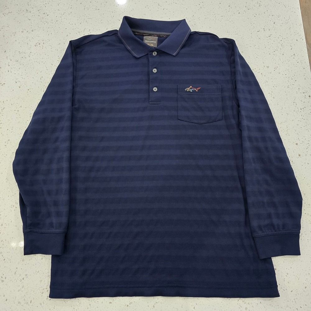 Greg Norman Tasso Elba Mens L Navy Blue Long Sleeve Golf Polo PlayDry Shark